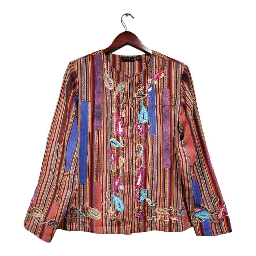 Indigo Moon Women Jacket Embroidered Sequins Long Sleeve Colorful Patchwork Sz L